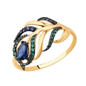 Кольцо из золота с синими и зелеными фианитами