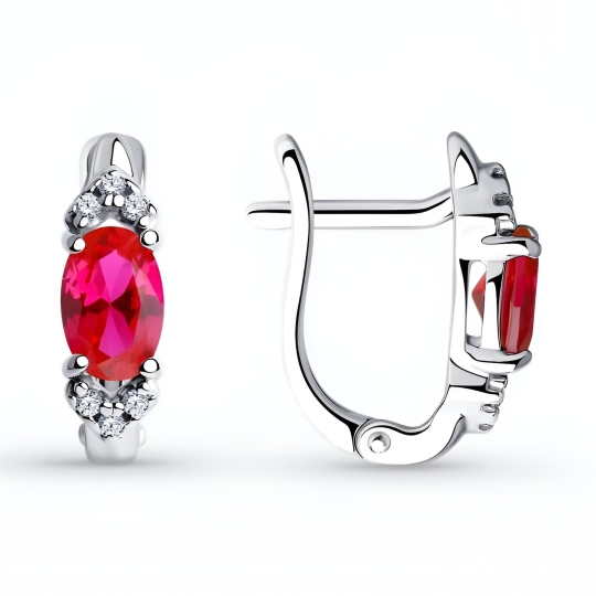 Серьги из серебра с рубиновыми корундами и фианитами