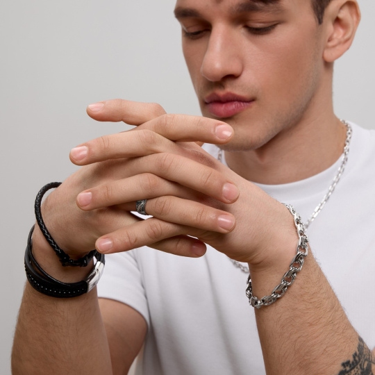 Браслет из кожи с агатом и вставками из стали