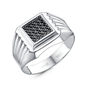 Кольцо-печатка из серебра с черными фианитами