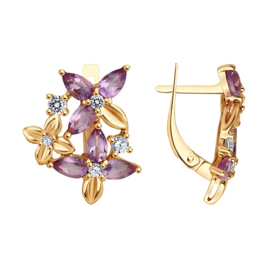 Серьги из серебра с позолотой, аметистами и фианитами