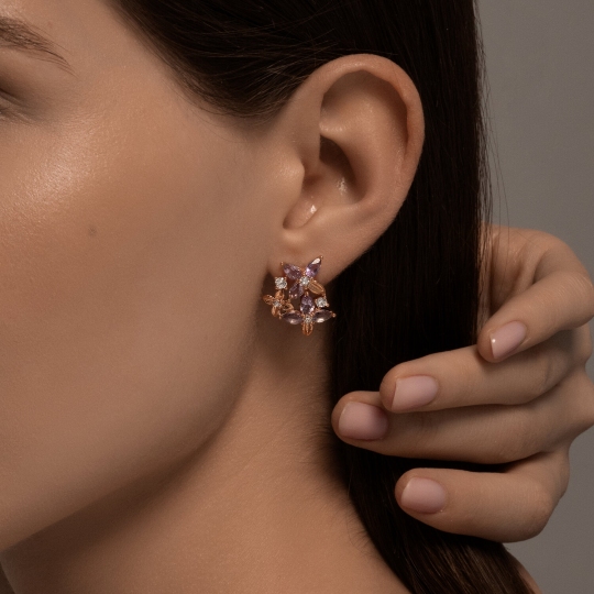 Серьги из серебра с позолотой, аметистами и фианитами