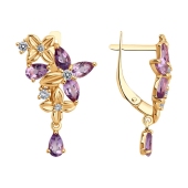 Серьги из серебра с позолотой, аметистами и фианитами