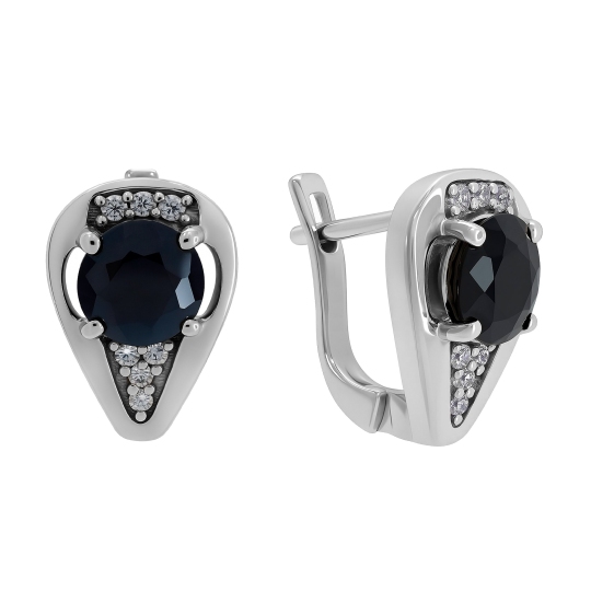 Серьги из серебра с сапфировыми корундами и фианитами
