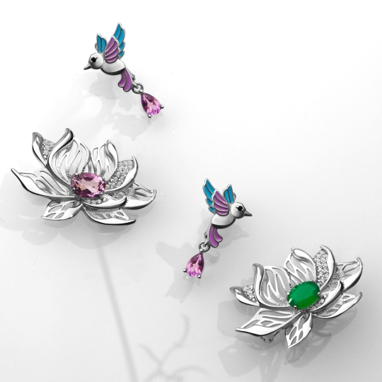Серьги из серебра с аметистами, эмалью и ювелирными кристаллами