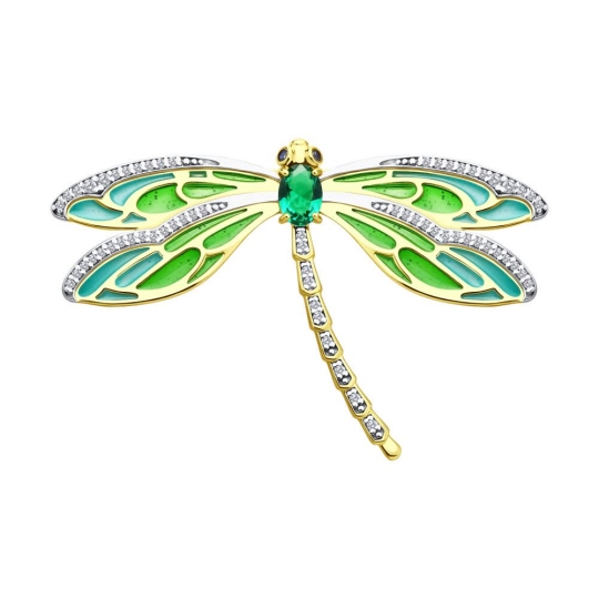 Брошь из серебра с позолотой, эмалью и фианитами