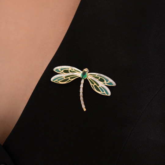Брошь из серебра с позолотой, эмалью и фианитами