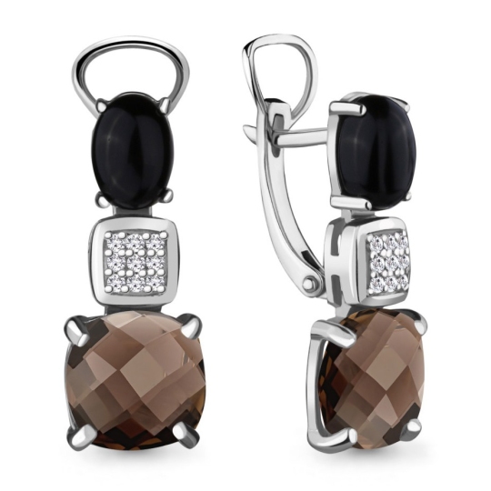 Серьги из серебра с ониксами, кварцами и фианитами