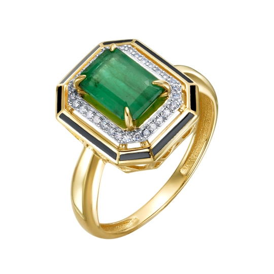 Кольцо из лимонного золота с бриллиантами, изумрудами и эмалью