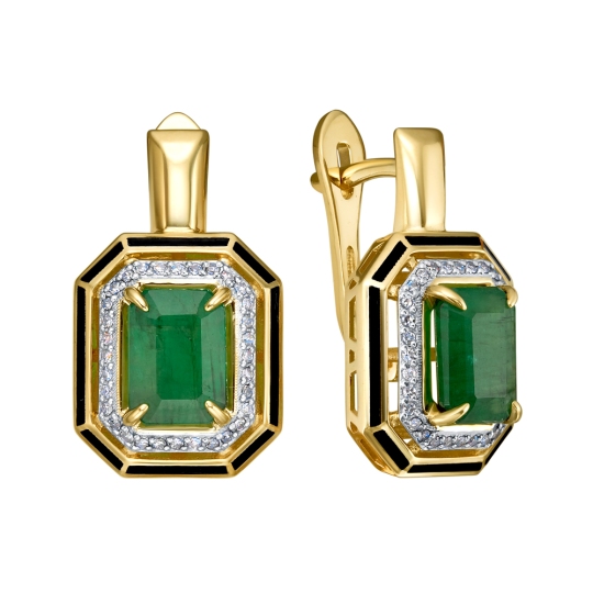 Серьги из лимонного золота с бриллиантами, изумрудами и эмалью