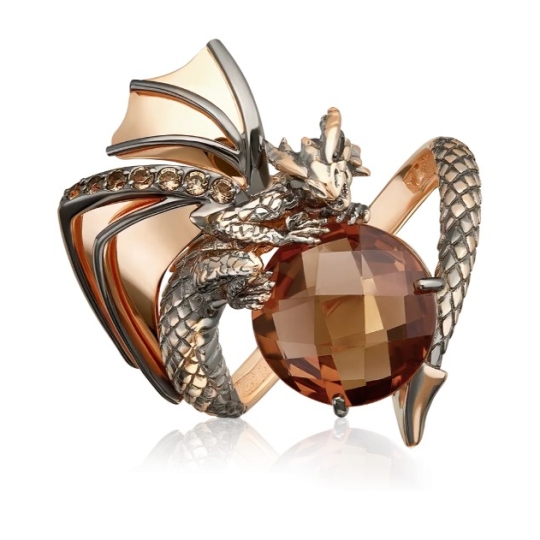 Кольцо из золота с цитрином и раухтопазами «Дракон»