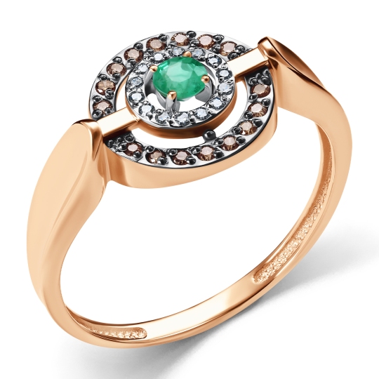 Кольцо из золота с бриллиантами, коньячными бриллиантами и изумрудом