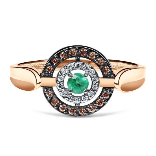 Кольцо из золота с бриллиантами, коньячными бриллиантами и изумрудом