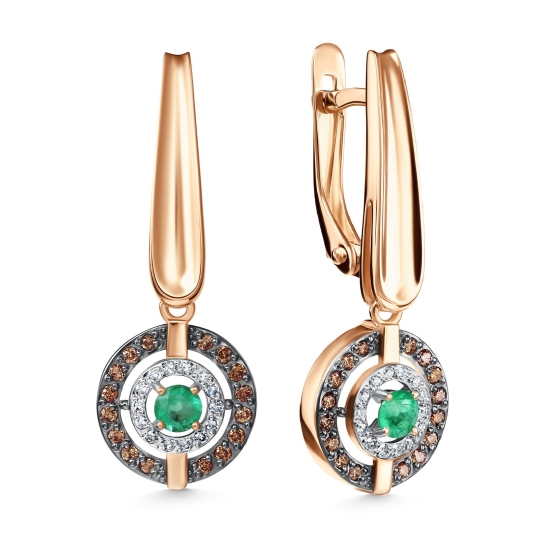 Серьги из золота с бриллиантами, коньячными бриллиантами и изумрудами