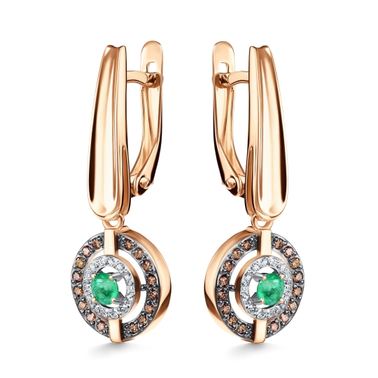 Серьги из золота с бриллиантами, коньячными бриллиантами и изумрудами