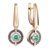 Серьги из золота с бриллиантами, коньячными бриллиантами и изумрудами