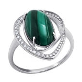 Кольцо из серебра с малахитом и фианитами