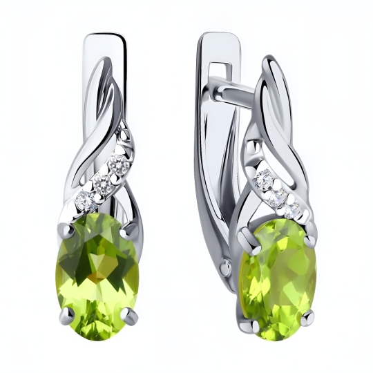 Серьги из серебра с хризолитами и фианитами