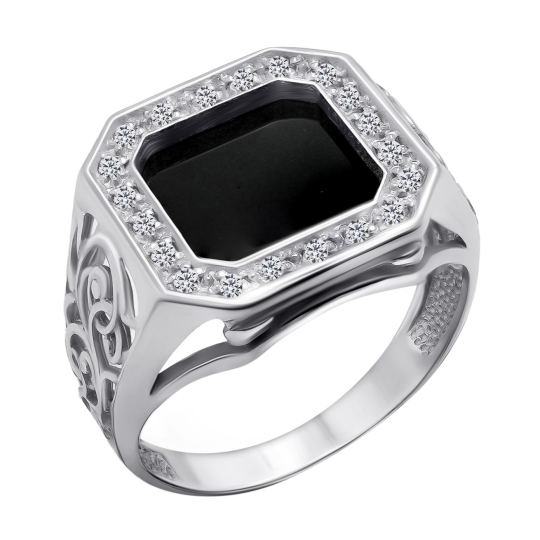 Кольцо-печатка из серебра с ониксом и фианитами