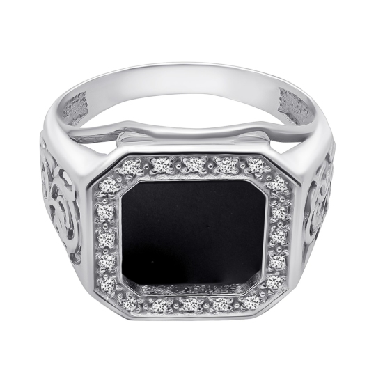 Кольцо-печатка из серебра с ониксом и фианитами