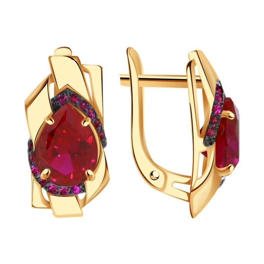 Серьги из золота с рубиновыми корундами и фианитами
