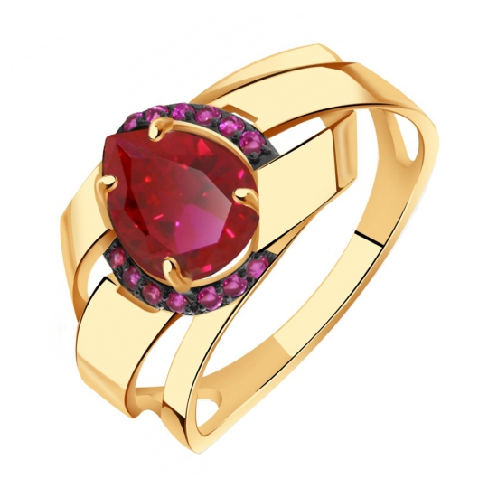 Кольцо из золота с рубиновым корундом и фианитами