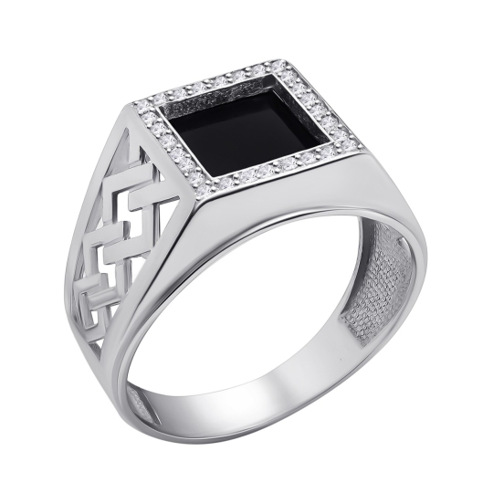 Кольцо-печатка из серебра с ониксом и фианитами