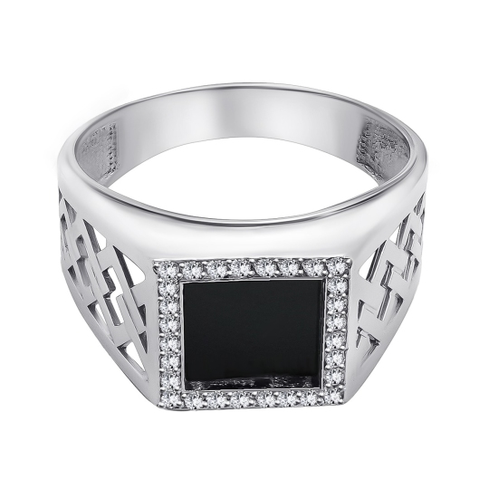 Кольцо-печатка из серебра с ониксом и фианитами