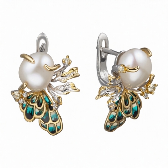 Серьги из серебра с позолотой, жемчугом, эмалью и фианитами
