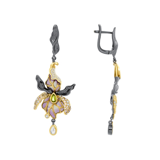 Серьги из серебра с шпинелью, эмалью и фианитами