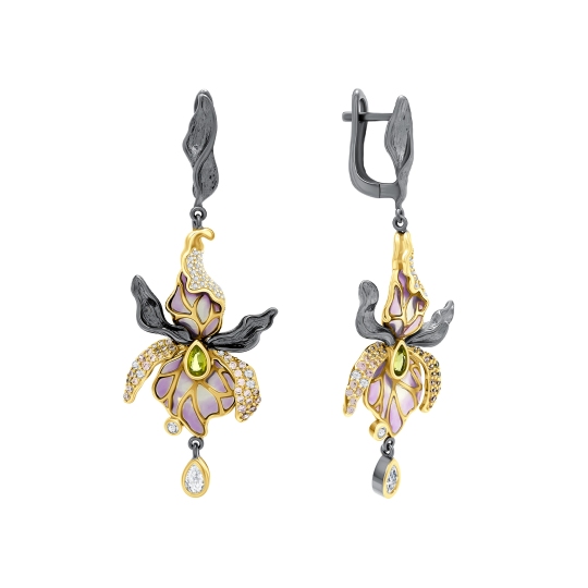 Серьги из серебра с шпинелью, эмалью и фианитами