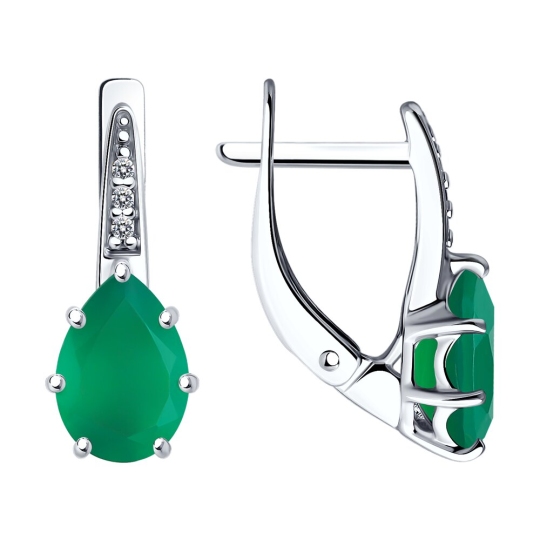 Серьги из серебра с зелеными агатами и фианитами