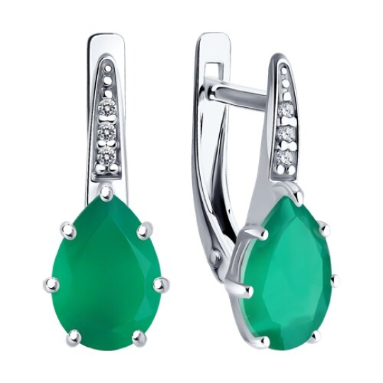 Серьги из серебра с зелеными агатами и фианитами