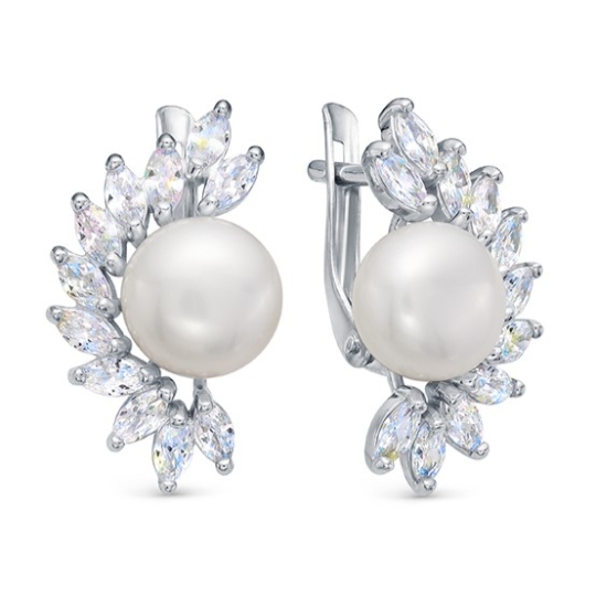 Серьги из серебра с жемчугом и фианитами