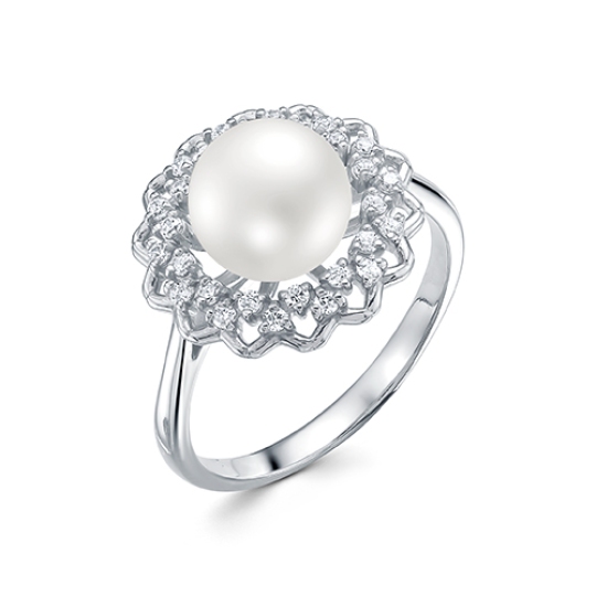 Кольцо из серебра с жемчугом и фианитами
