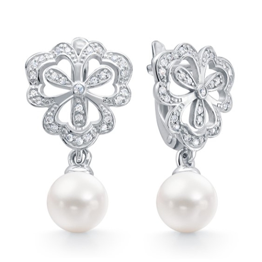Серьги из серебра с жемчугом и фианитами