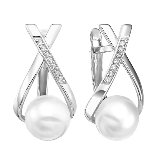 Серьги из серебра с жемчугом и фианитами
