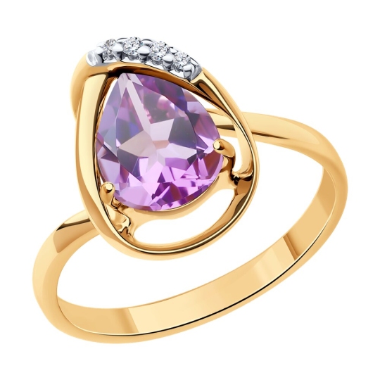 Кольцо из серебра с позолотой, аметистом и фианитами
