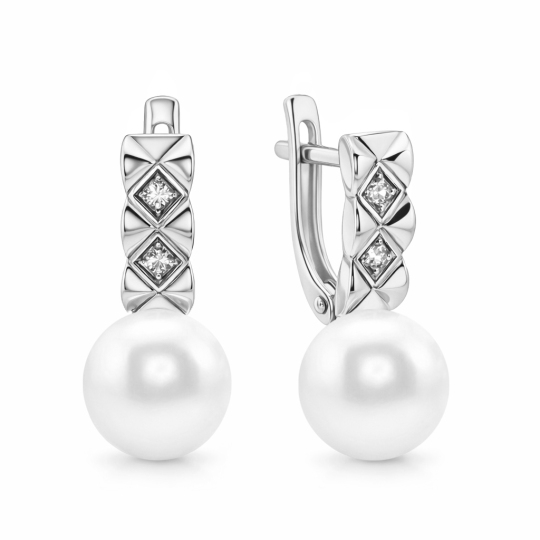 Серьги из серебра с жемчугом и фианитами