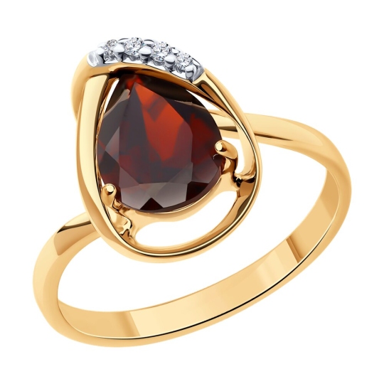 Кольцо из серебра с позолотой, гранатом и фианитами