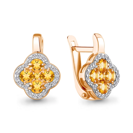 Серьги из серебра с позолотой, цитринами и фианитами