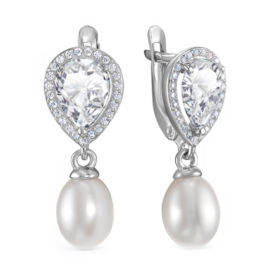 Серьги из серебра с жемчугом и фианитами