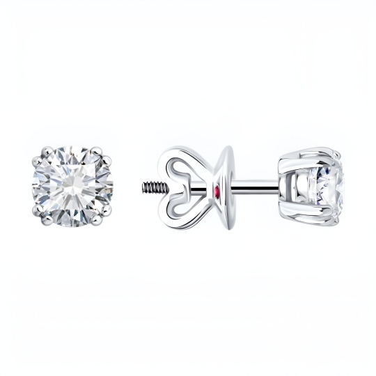 Серьги из белого золота с выращенными бриллиантами и рубином