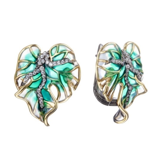 Серьги из серебра с позолотой, эмалью и фианитами