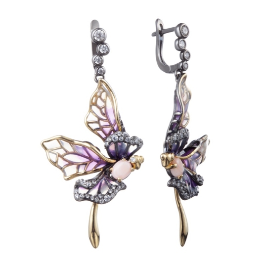 Серьги из серебра с позолотой, перламутром, эмалью и фианитами