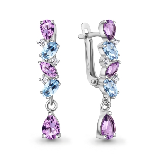 Серьги из серебра с топазами Swiss, аметистами и фианитами