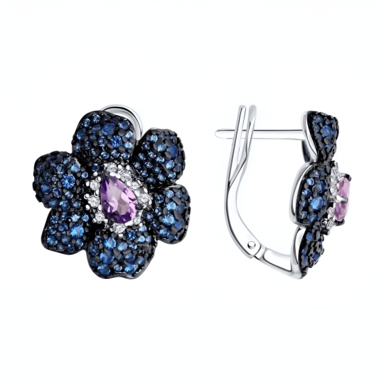 Серьги из серебра с аметистами и фианитами