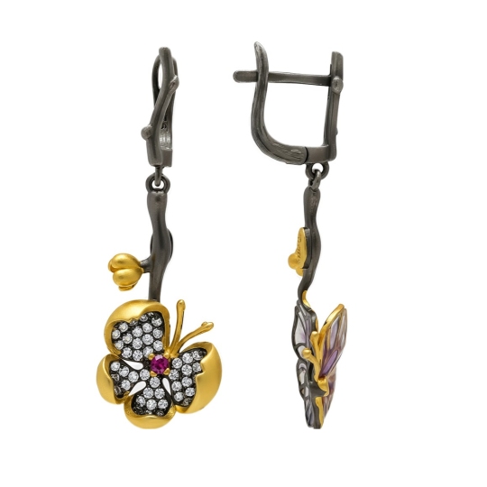 Серьги из серебра с позолотой, эмалью и фианитами