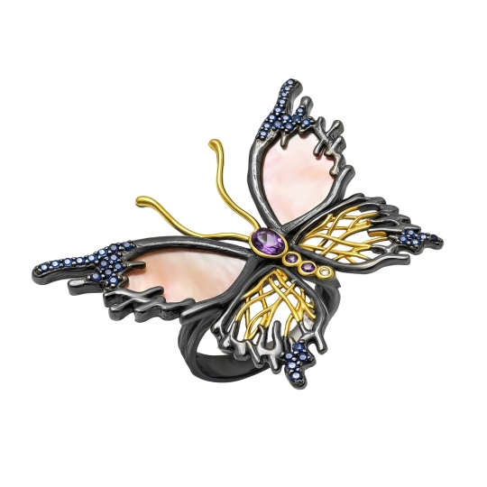 Кольцо из серебра с позолотой, перламутром и фианитами