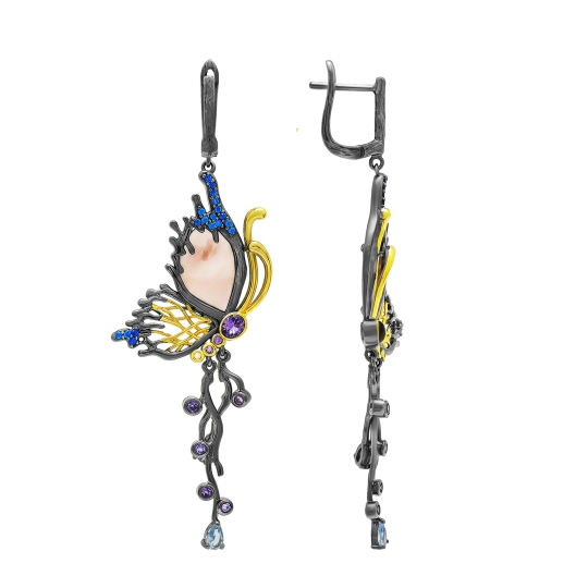 Серьги из серебра с позолотой, перламутром и фианитами